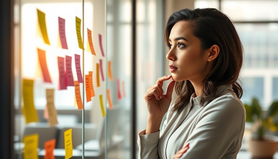 Young woman in office thinking about brand storytelling for business growth.