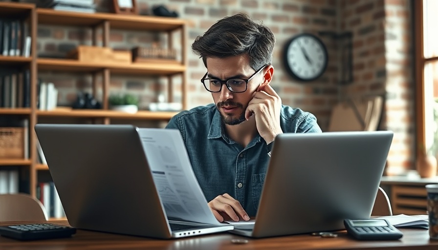 Stressed young man managing finances, economic tough times desk scene.