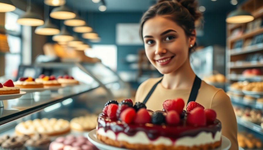Young woman serving cheesecake in bakery display, effective marketing strategies for bakeries.