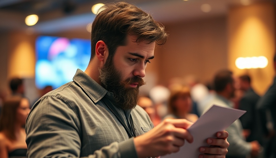 Focused bearded man adjusting paper at indoor event, fixing your personal finances concept.