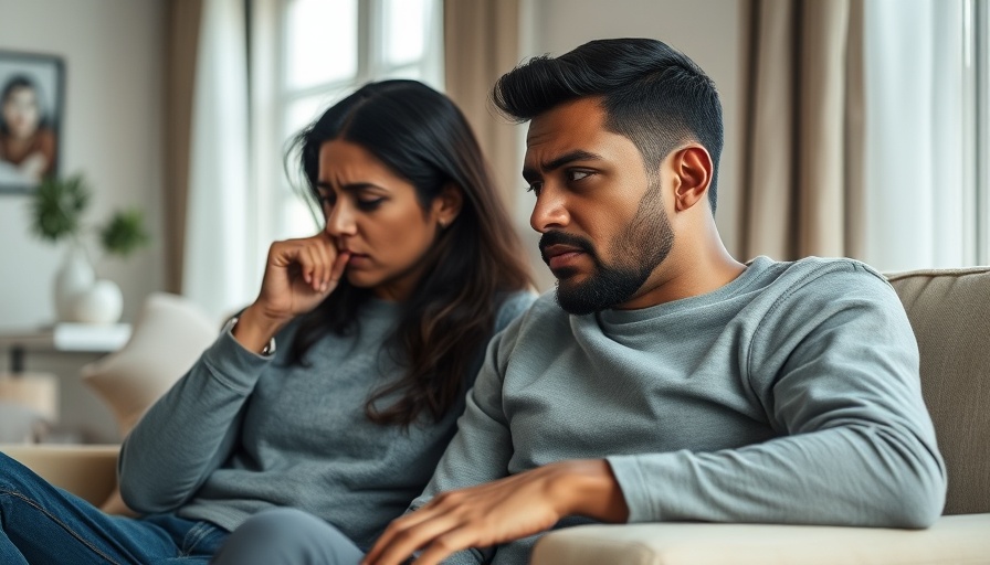 Distressed couple contemplating in living room, save your marriage.