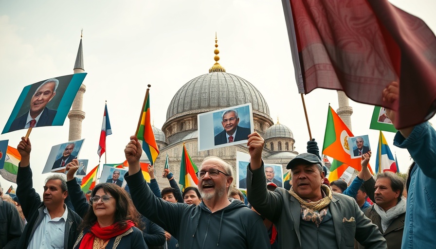 Protesters holding flags and images near a mosque, Israel Iran conflict.