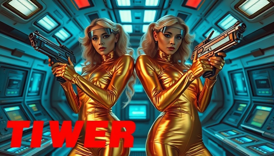 Retro sci-fi scene of women in gold outfits with ray guns from 1970s TV.