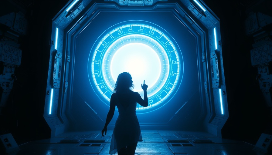 Mysterious woman in front of glowing portal, 1950s Sci-Fi style.