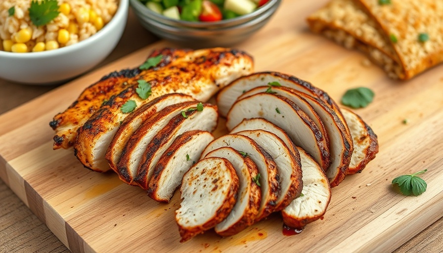 Sliced chipotle chicken on a cutting board with sides.