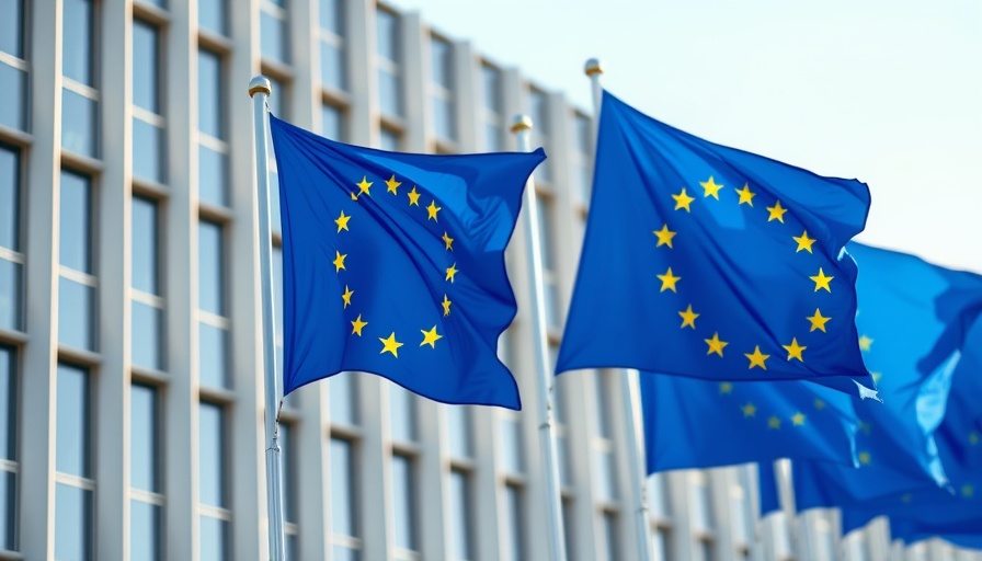 EU flags flutter with modern building behind, symbolizing unity.