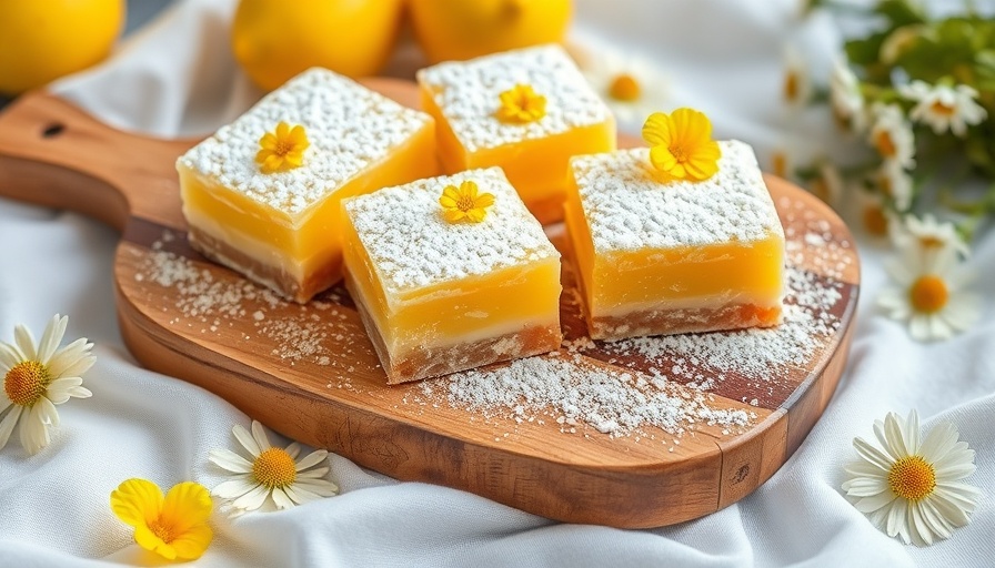 Lemon bars with powdered sugar and yellow flowers, summer baking recipes.
