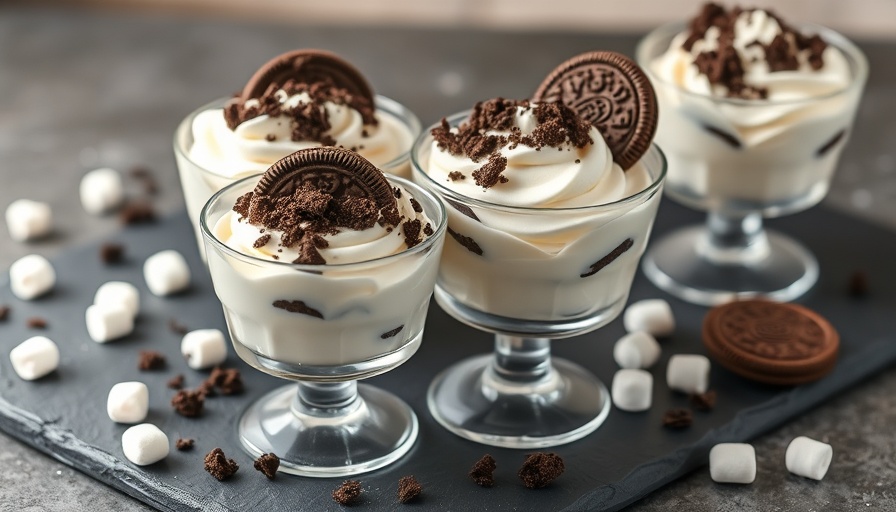Easy Oreo fluff recipe in glass dishes on slate surface.