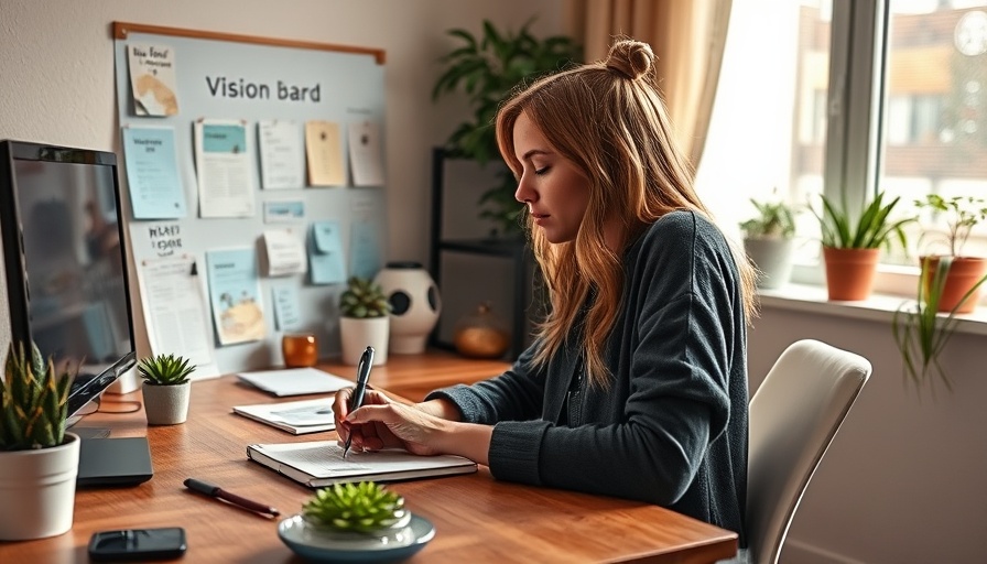 Young woman designs a vision board in a cozy home office.