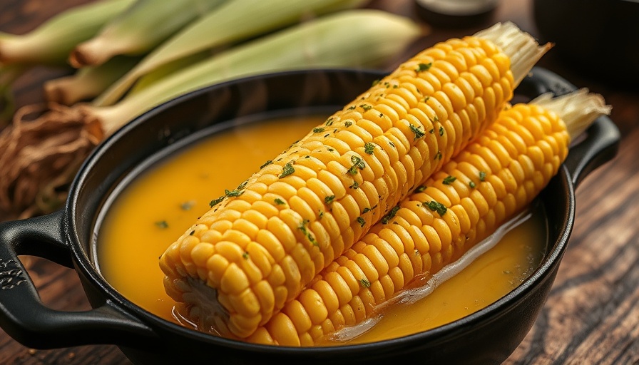 Butter boiled corn on the cob in a pot with herbs.