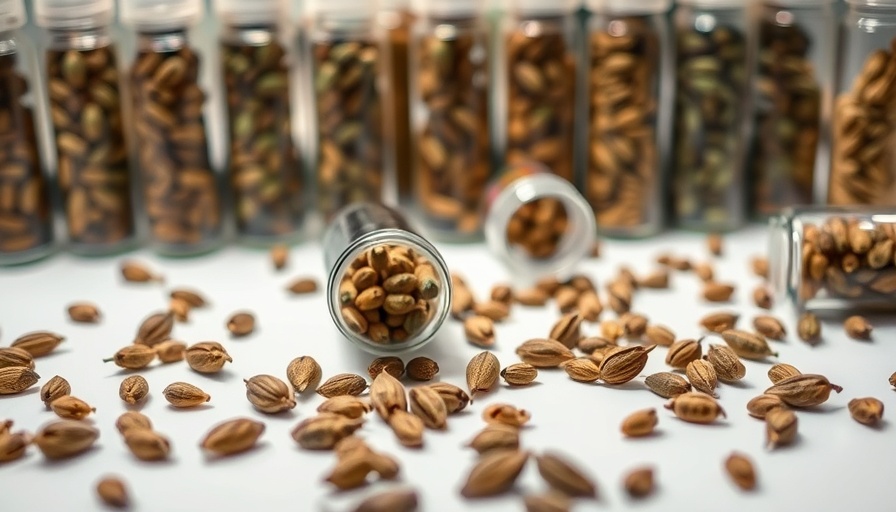 Transparent vials with cannabis seeds on a white table.