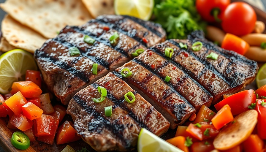 Grilled steak fajitas with colorful toppings and tortillas.