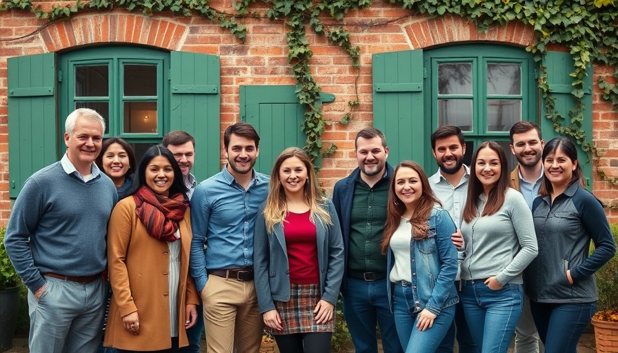 Casual group of colleagues smiling in front of brick building, showcasing AI voice technology for customer service.