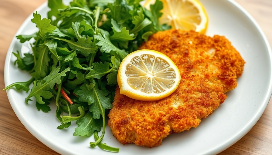 Chicken Milanese Recipe with crispy breaded chicken cutlet and arugula salad on plate.