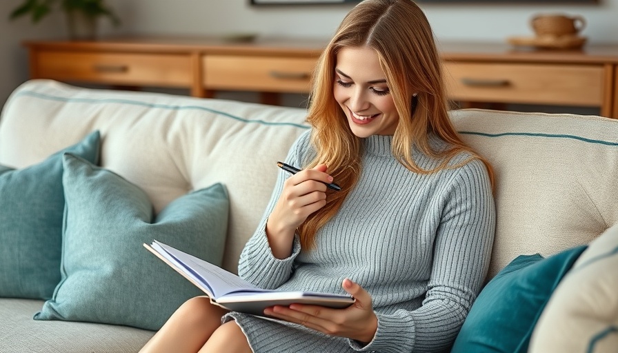 Woman using cycle syncing planner on a cozy couch.