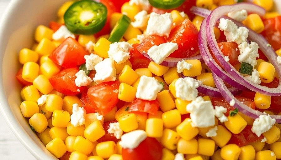 Colorful Mexican corn salad with fresh ingredients close-up.