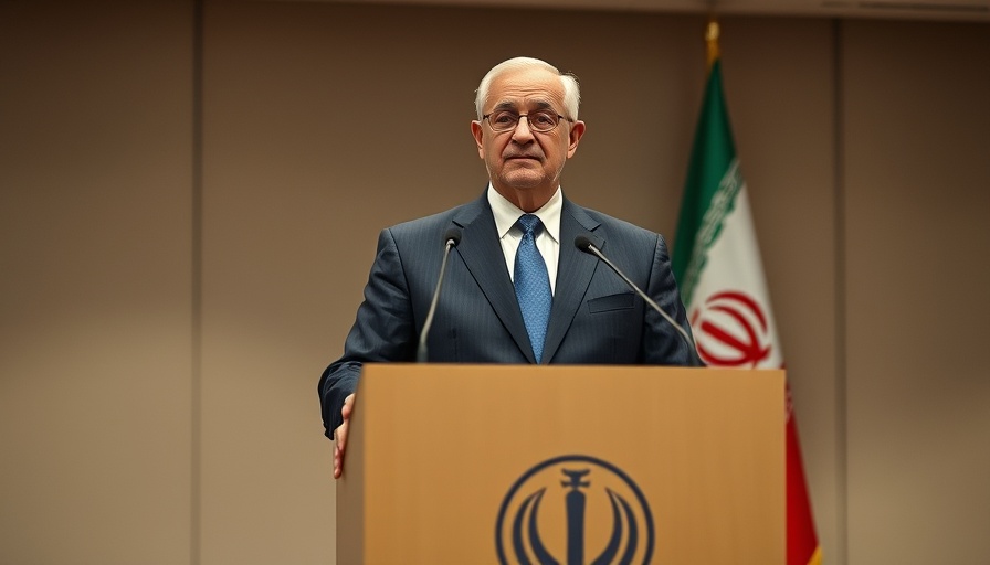 Iran regime change concept with man at podium and flag.