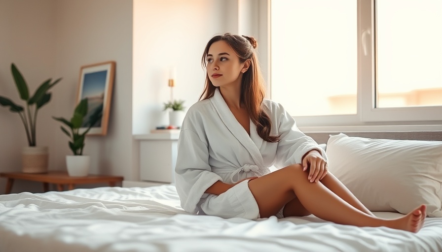 Young woman sitting in cozy bedroom, relaxed atmosphere.