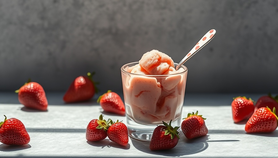 Strawberry sorbet in a glass with fresh strawberries on a table.