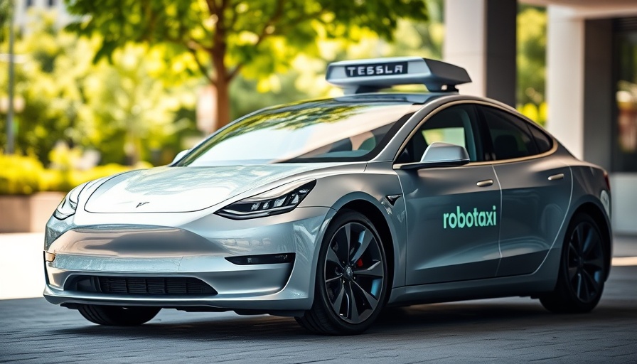 Tesla robotaxi with sleek silver design and logo, showcasing modern safety features.