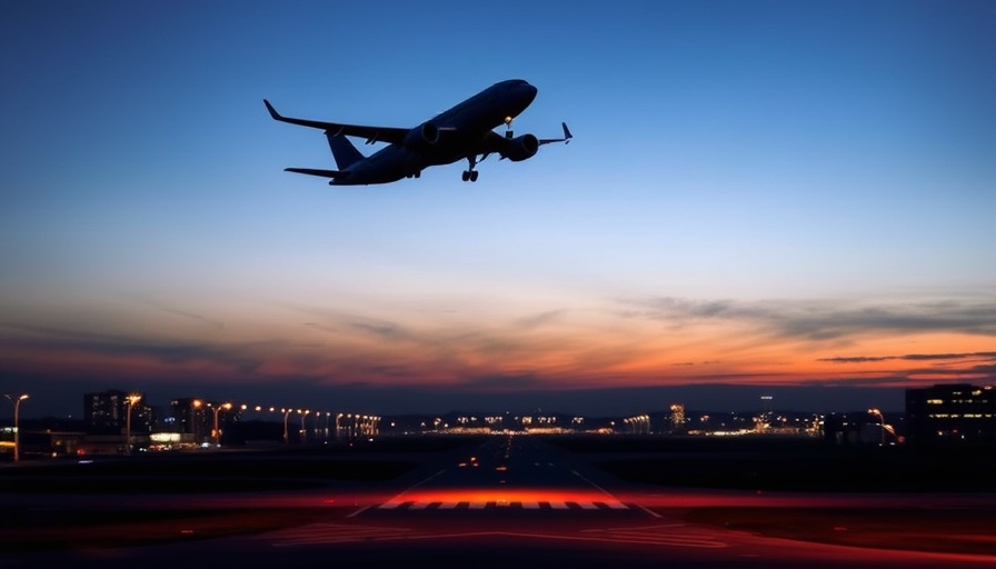 Airplane landing at dusk over airport runway lights.
