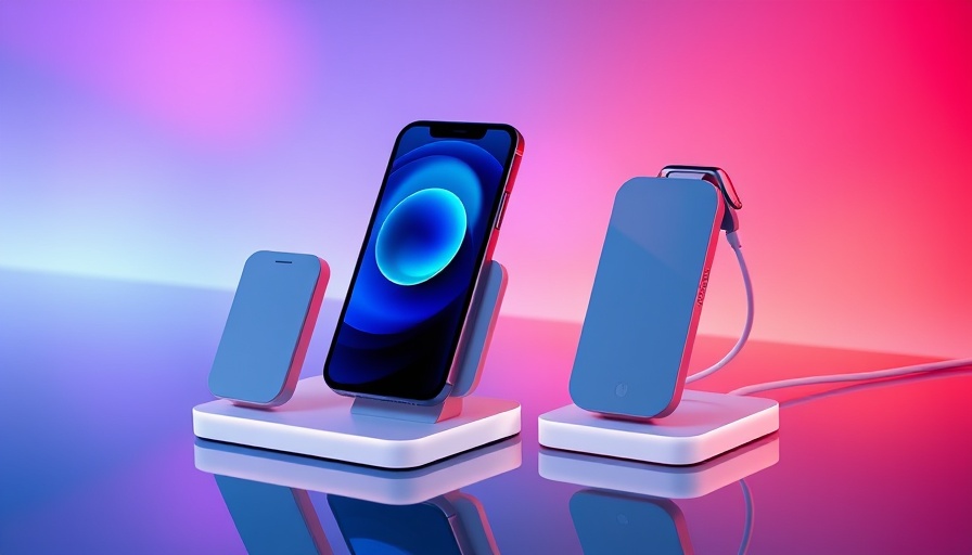 Futuristic 3-in-1 Apple charging stations displayed against a colorful gradient background.