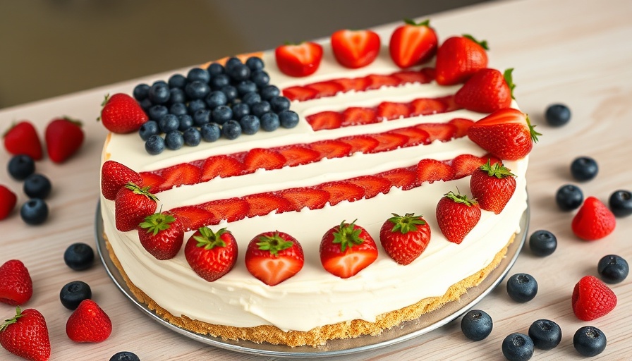 Patriotic flag cake with cheesecake topping, berries.