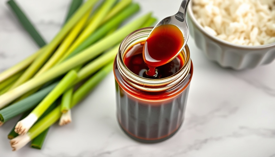 Rich homemade teriyaki sauce in a jar with spoon on marble.