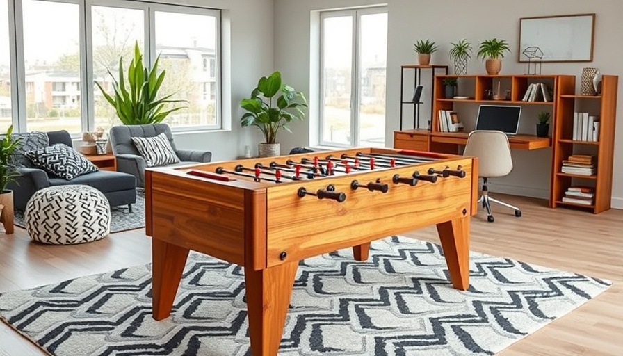 Modern man cave office design with foosball table and cozy decor.