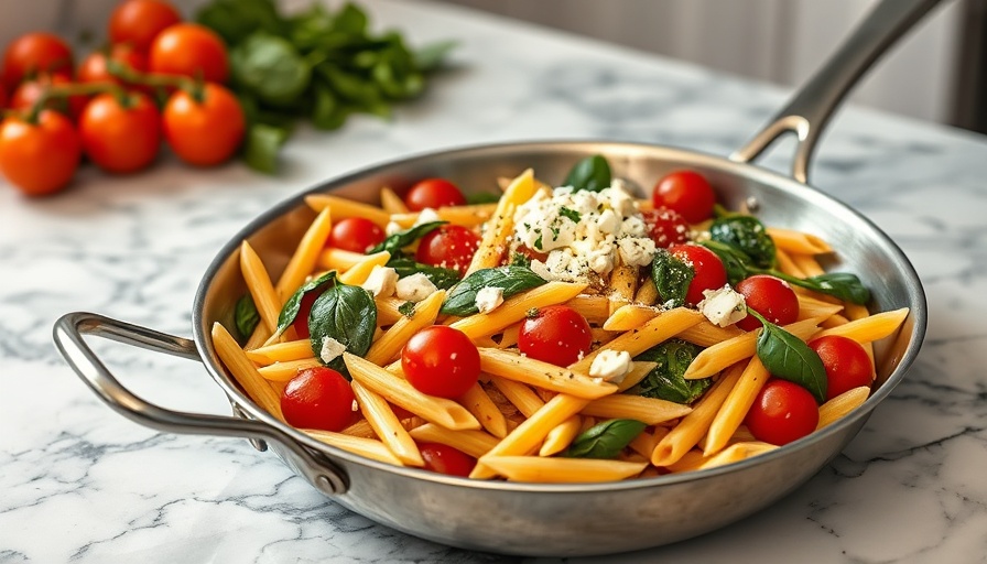 15-minute pasta recipe in a skillet with tomatoes and spinach.
