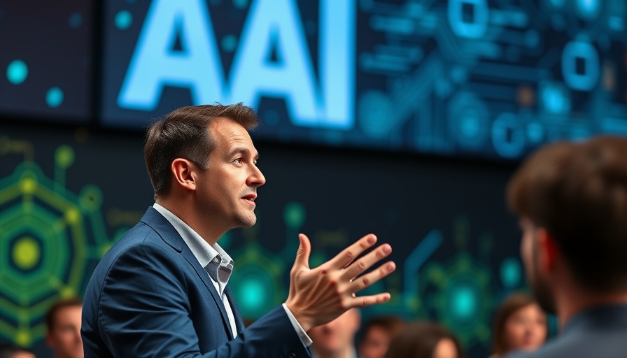 AI Talent Acquisition speaker in front of AI backdrop.