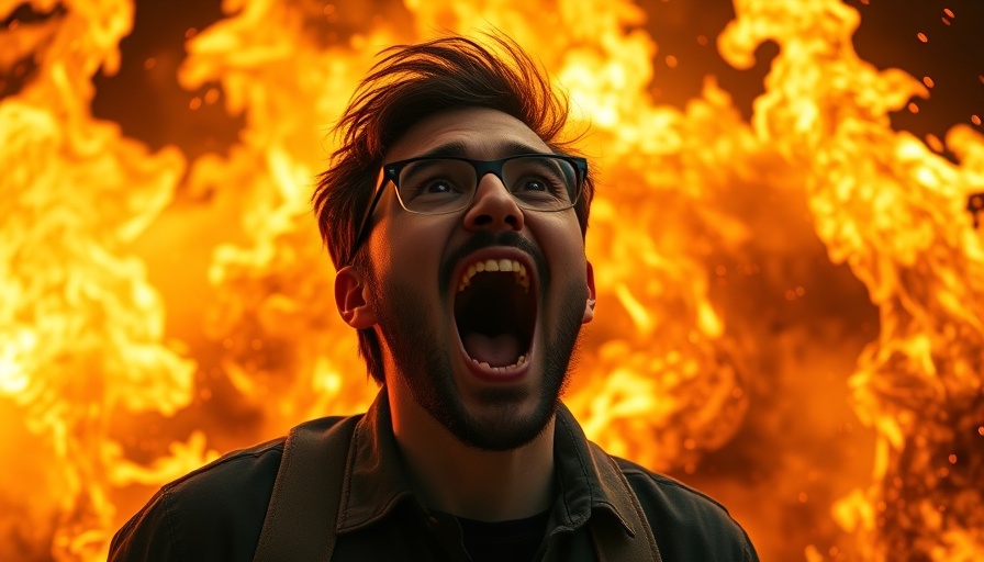 Man excited amidst flames, reflecting ad movie trend in cinema.