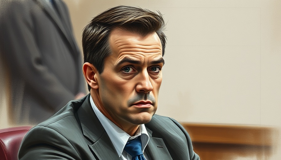 Courtroom sketch of intense man in dramatic scene.