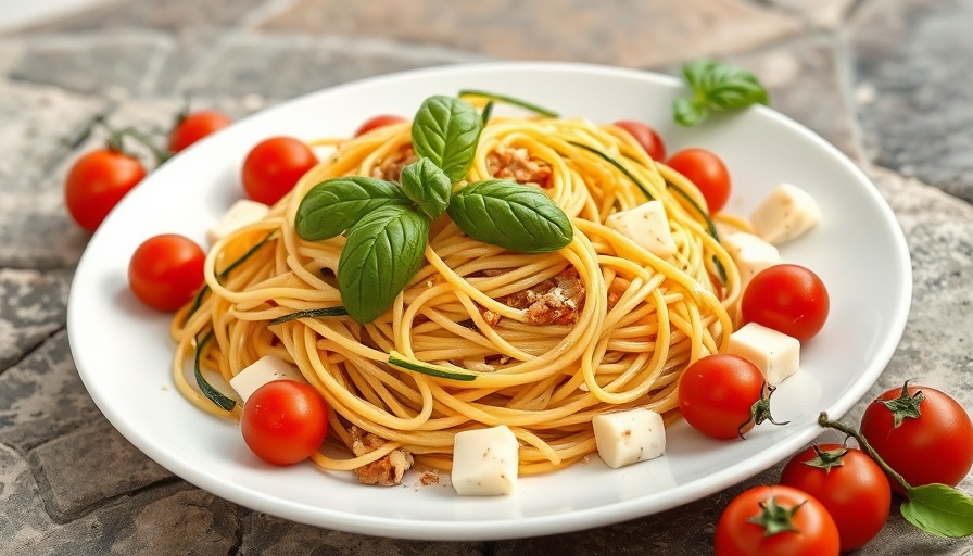 Tasty zucchini spaghetti dish with fresh basil leaves.