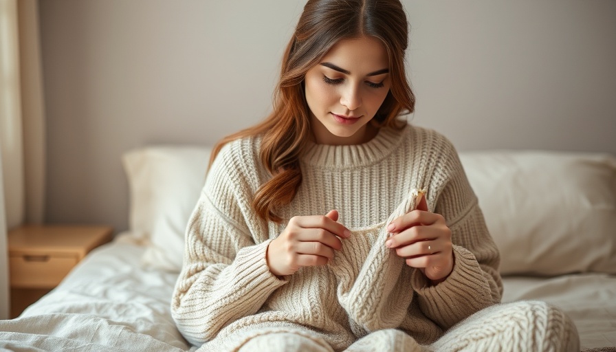 Young woman knitting in cozy bedroom, showcasing artisan craftsmanship.