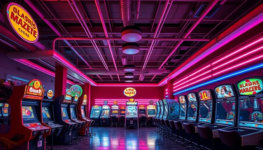 Vibrant Chuck E. Cheese arcade interior for adults featuring neon lights and games.
