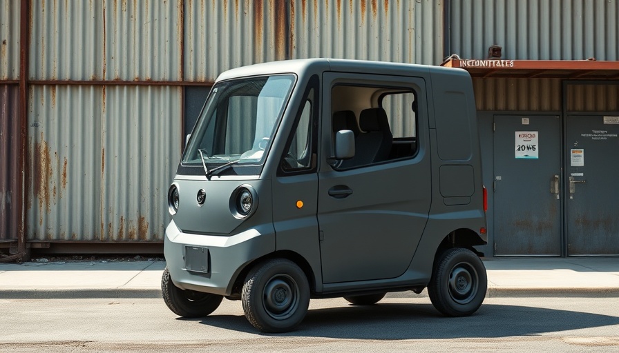 Matte grey electric truck in an urban industrial setting. Affordable electric vehicles.