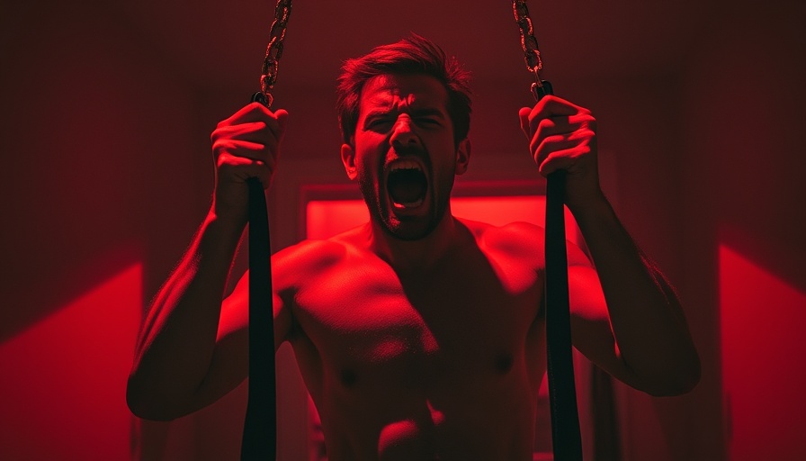 The Failure of The Prisoner - Man in red-lit room holding straps
