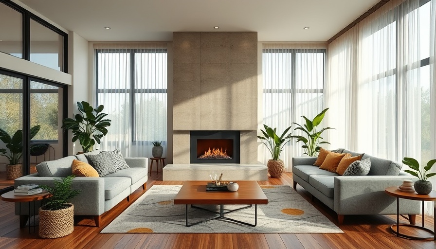 Elegant living room with cozy furniture and warm fireplace lighting.