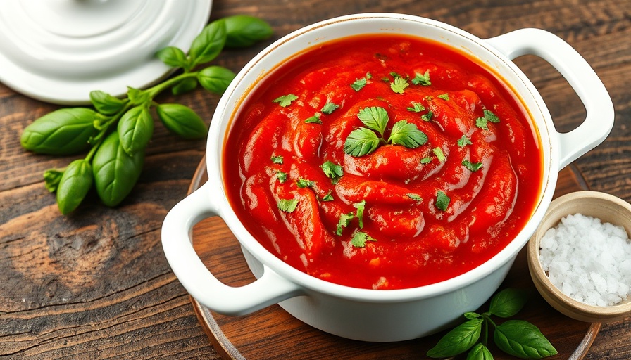 Rich homemade tomato sauce in white pot with parsley, basil.
