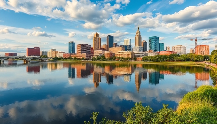 Vibrant Columbus skyline reflecting in river, venture capital success in Midwest.