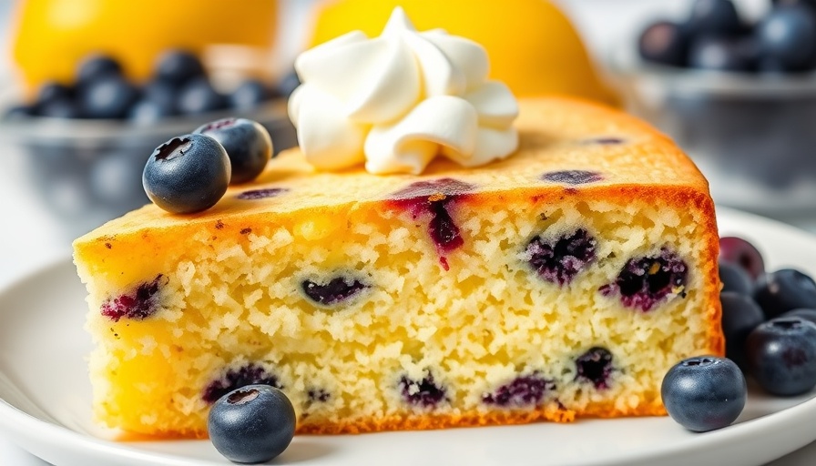 Vibrant slice of lemon blueberry cake topped with cream and blueberries.