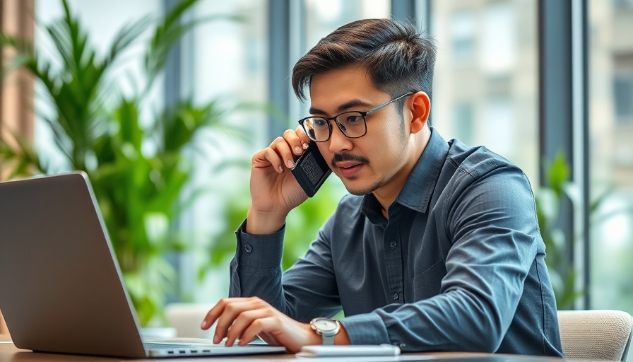 Focused professional in office discussing HR duties on phone.