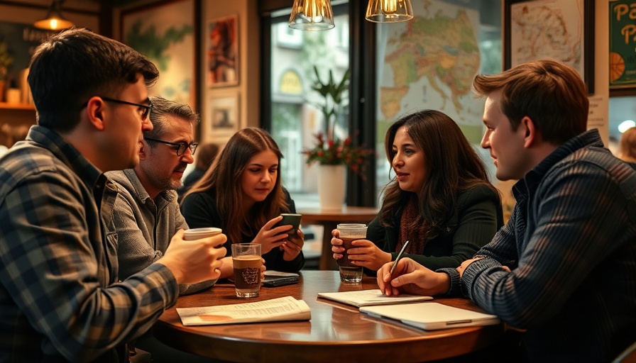 Cozy cafe scene, people enjoying coffee and maps.