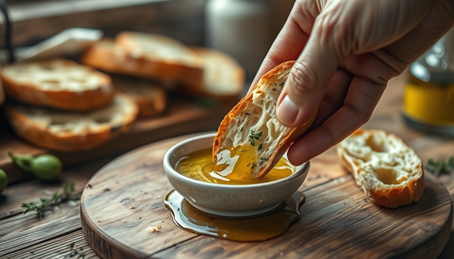 Hand dipping bread into Italian olive oil bread dip.