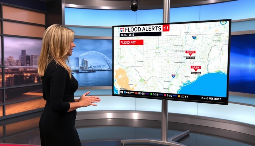 Weather anchor discusses flood alerts in Texas with highlighted areas.