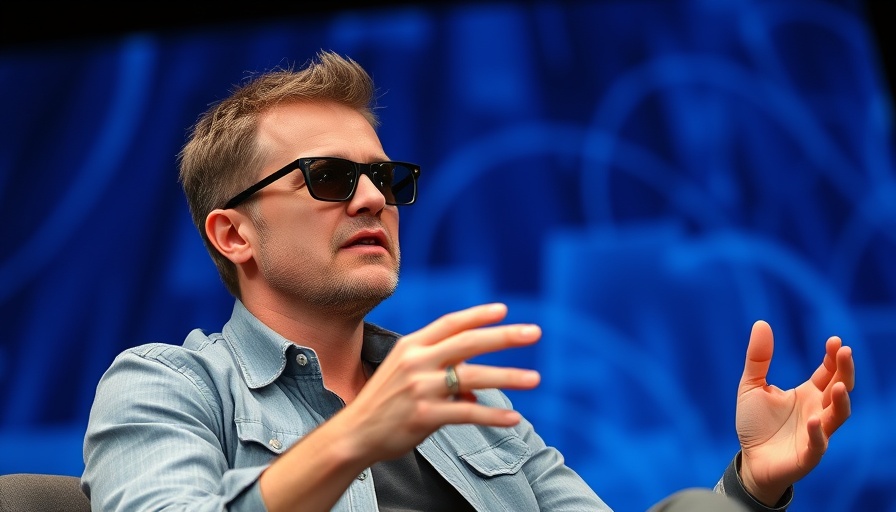 Casual man discussing Grok 4 AI controversy, blue stage backdrop.