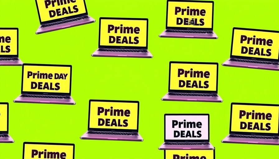 Colorful laptops displaying Prime Day Deals on a green background.