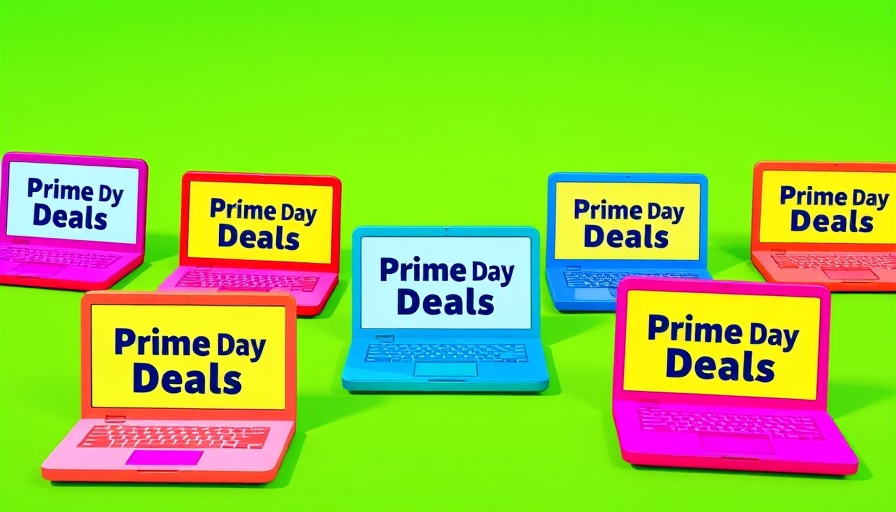 Colorful 'Prime Day Deals' laptops graphic illustration with green background.