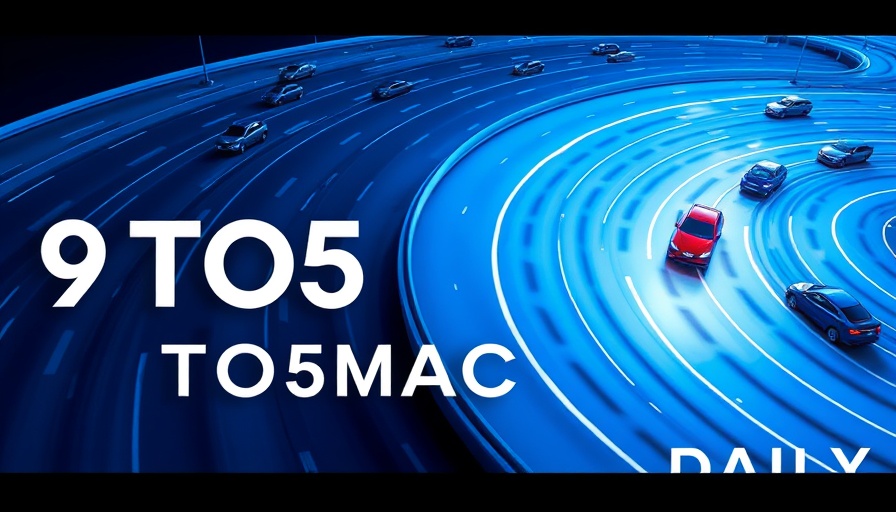 Abstract highway design with cars and '9TO5MAC DAILY' text, futuristic theme.